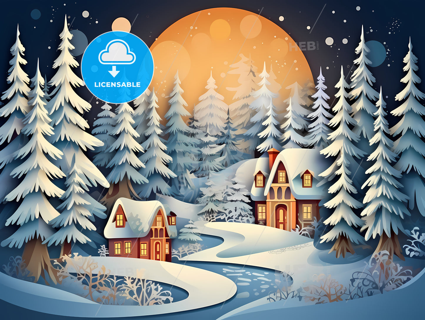 Snow Covered Houses In A Snowy Forest