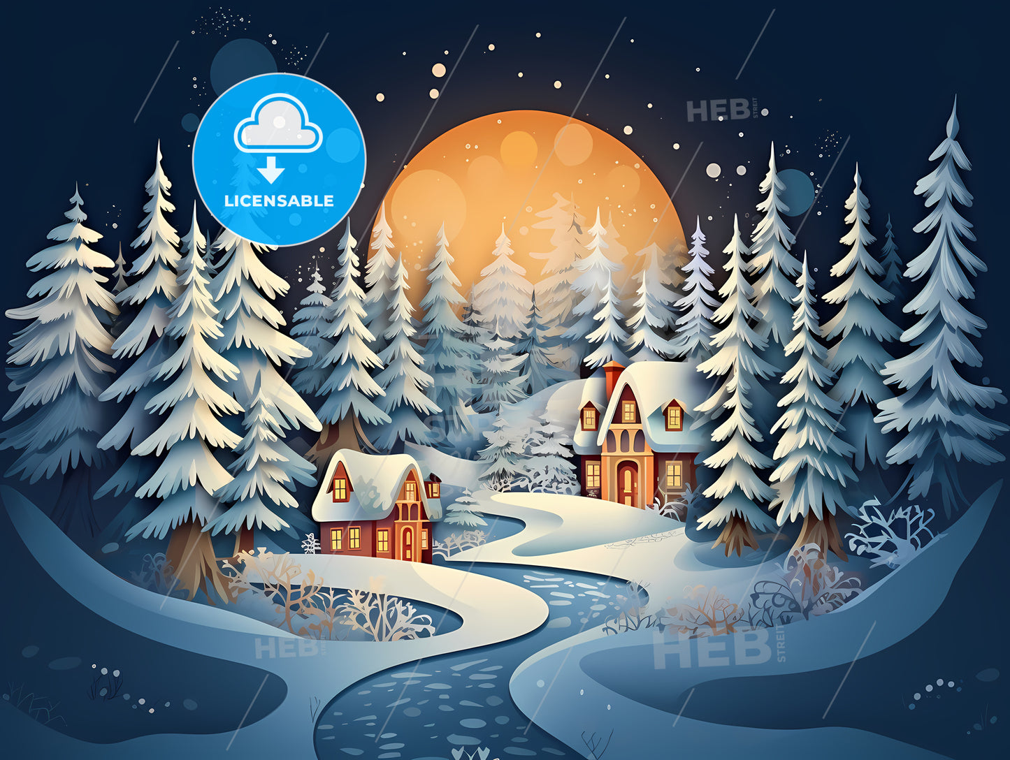 Snow Covered Houses In A Snowy Forest