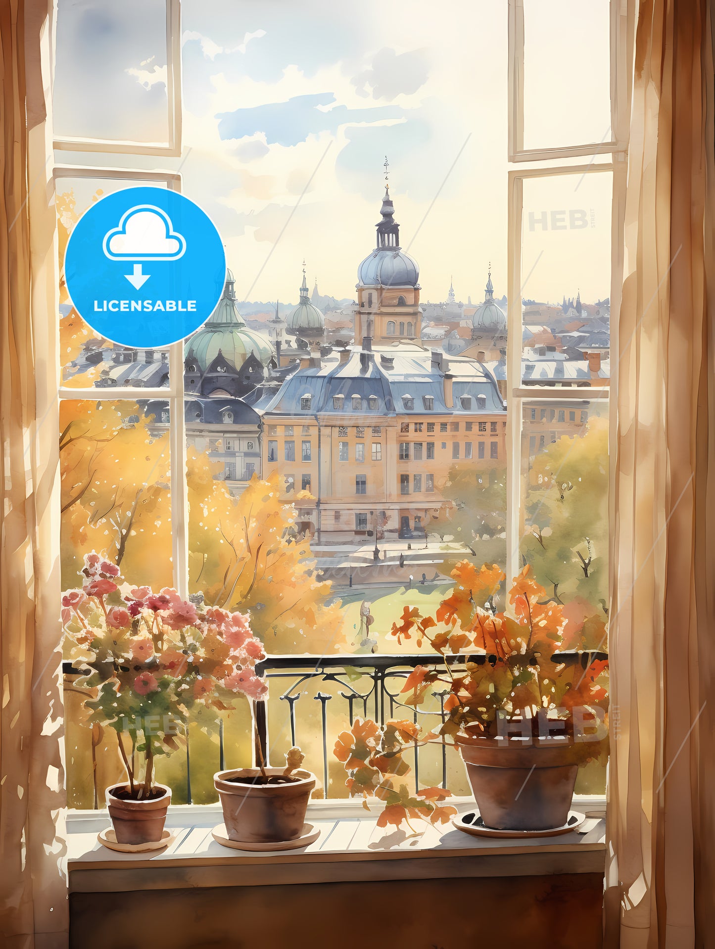 Watercolor Painting Of A Window With A View Of A City And Trees