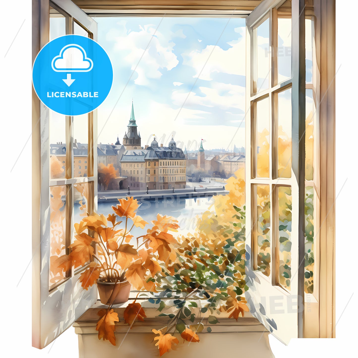 Watercolor Painting Of A Window With A View Of A City And A River