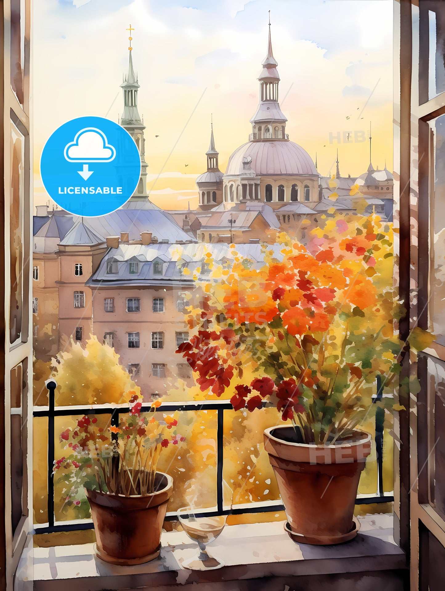 Watercolor Painting Of A Window With A View Of A City And Buildings