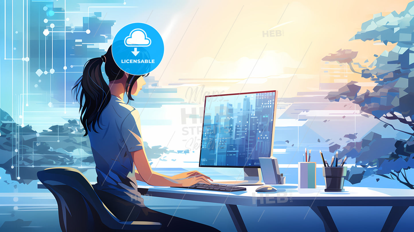 Woman Sitting At A Desk With A Computer