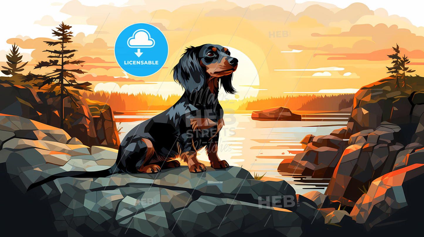 Dog Sitting On A Rock By Water