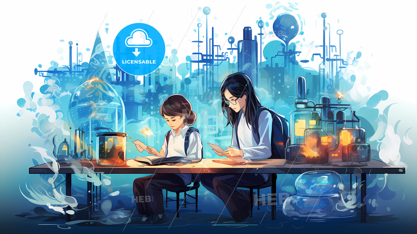 Couple Of Girls Sitting At A Table Reading Books