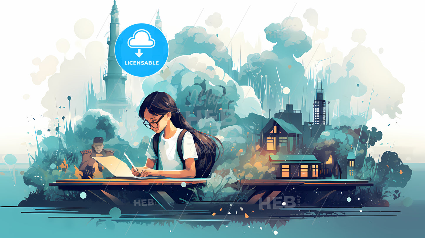 Girl Sitting At A Desk Writing On Paper