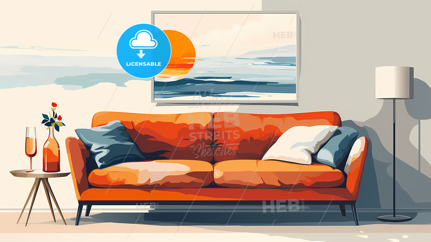 Painting Of A Couch And A Picture On The Wall