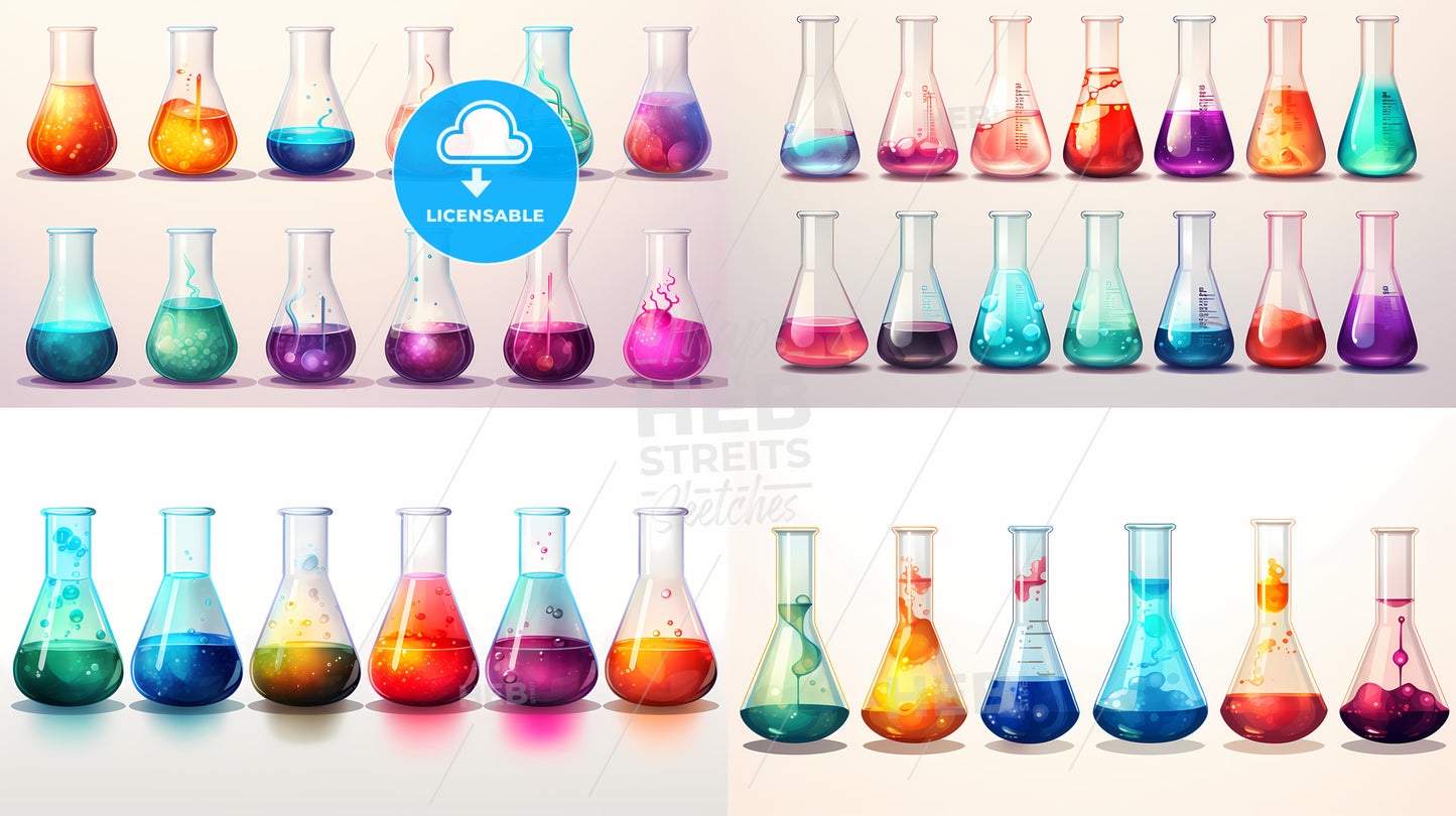 Group Of Glass Beakers With Different Colored Liquids