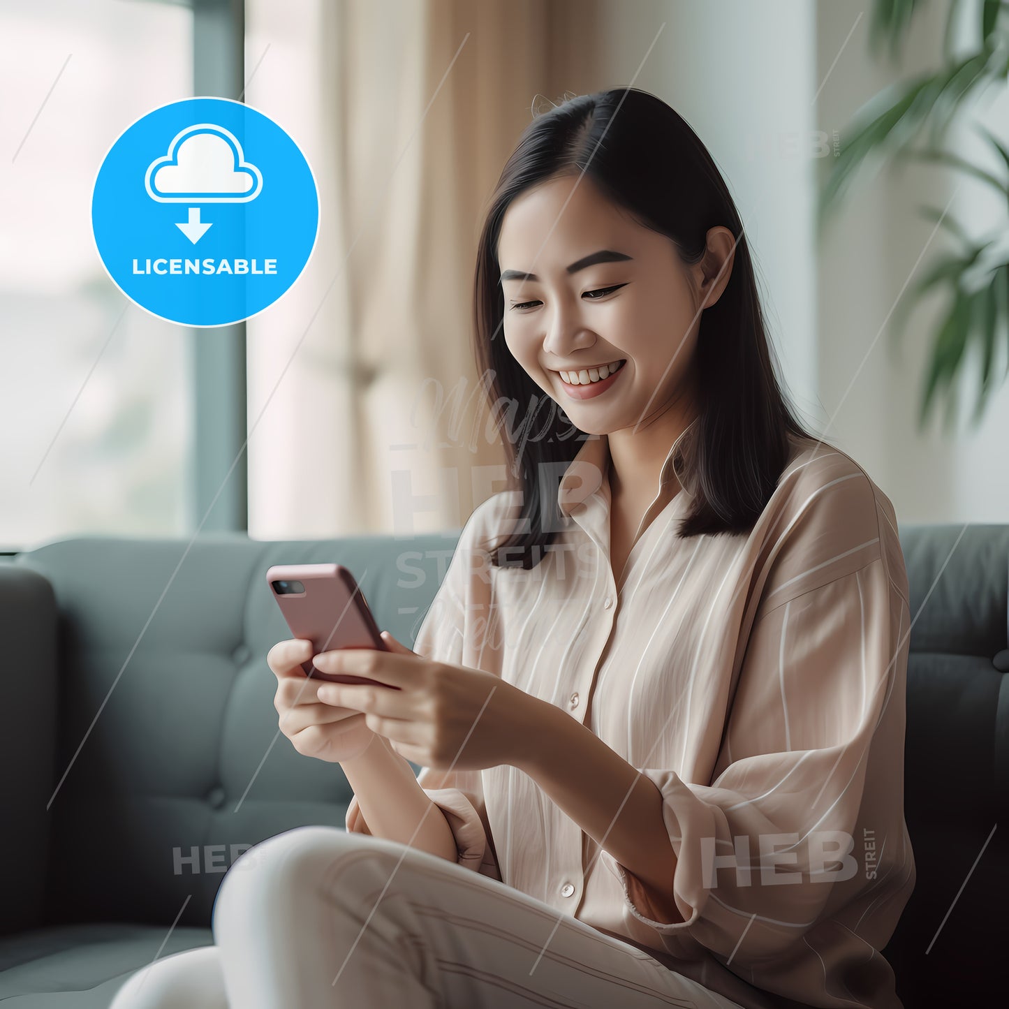 Woman Sitting On A Couch Looking At A Phone