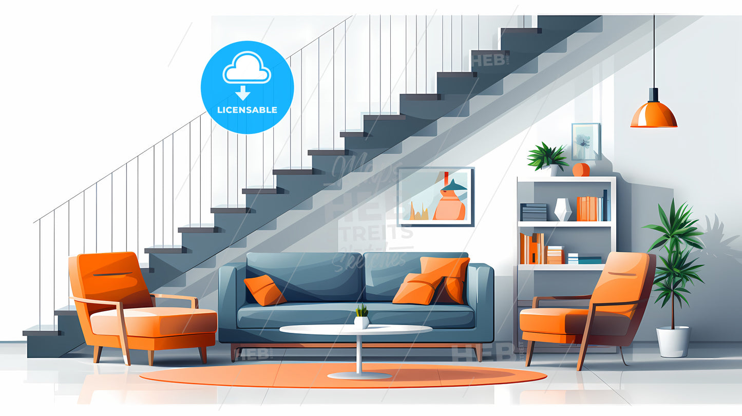 Living Room With A Staircase And Couch