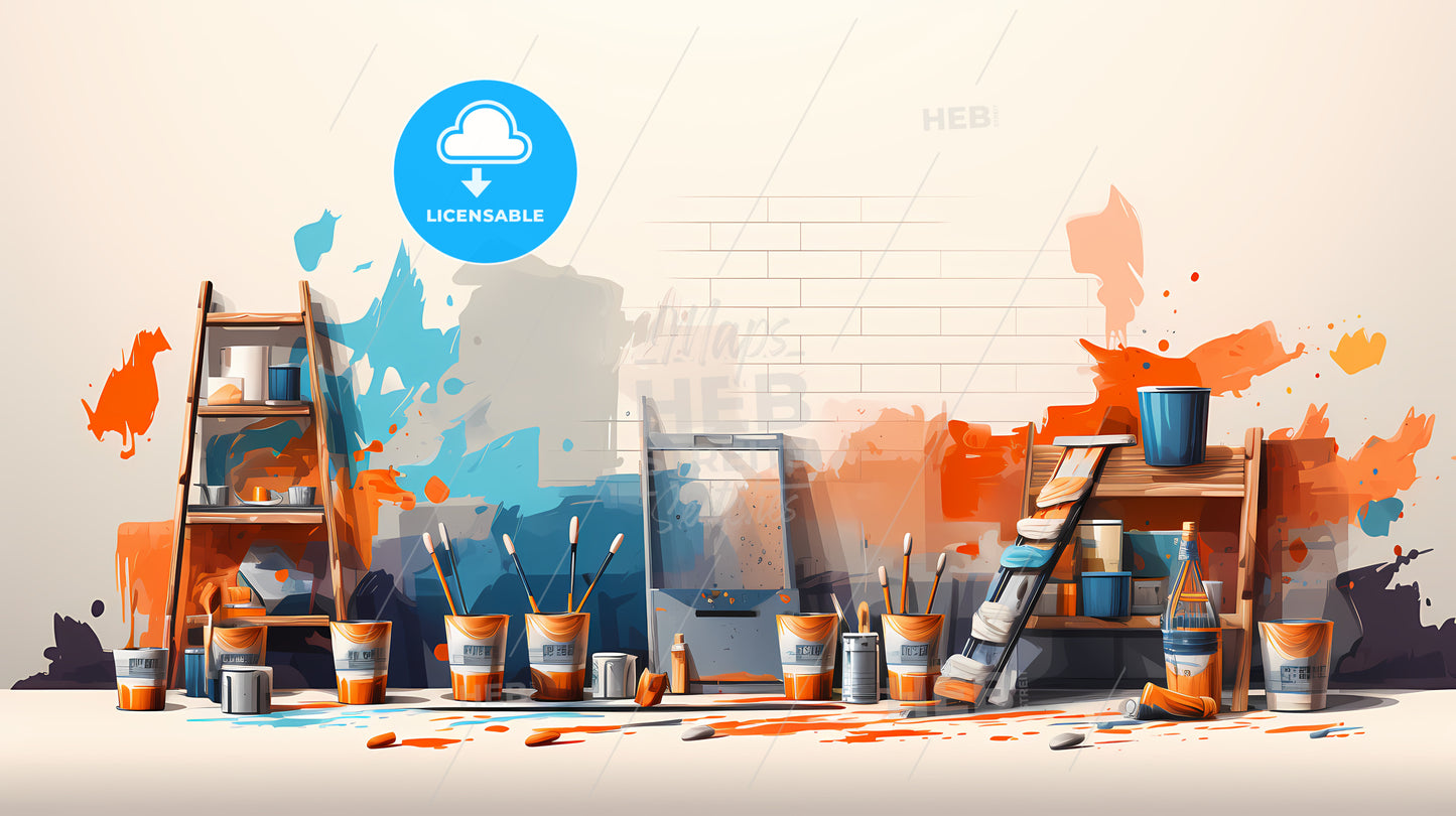 Painting Of Paint Brushes And Paint On The Floor