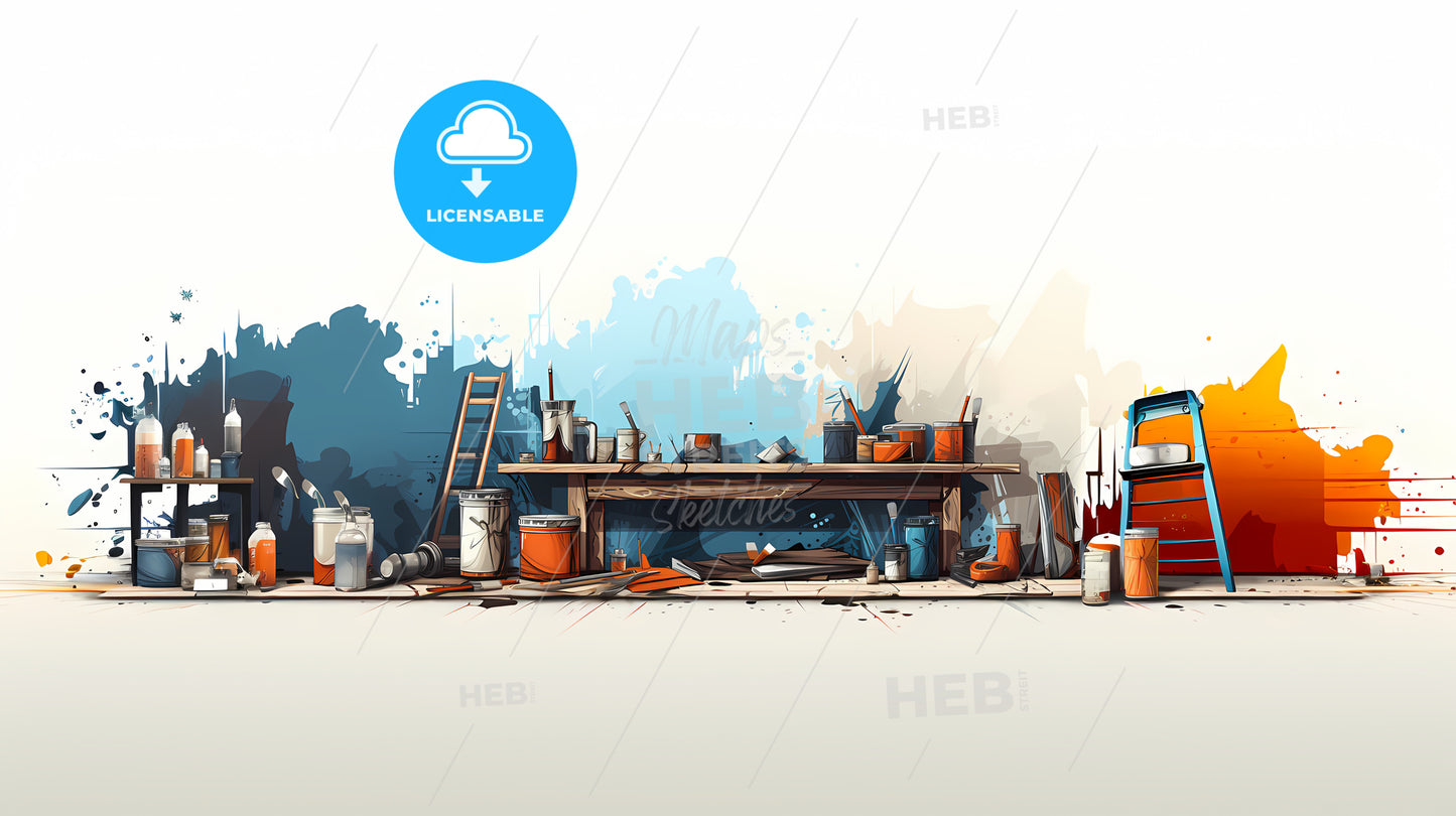 Painting Of A Room With Paint Cans And Paint Cans