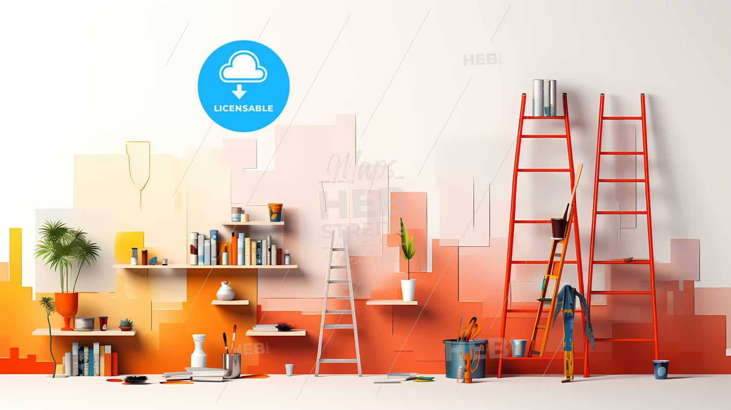 Painting Of A Room With Ladders And Shelves