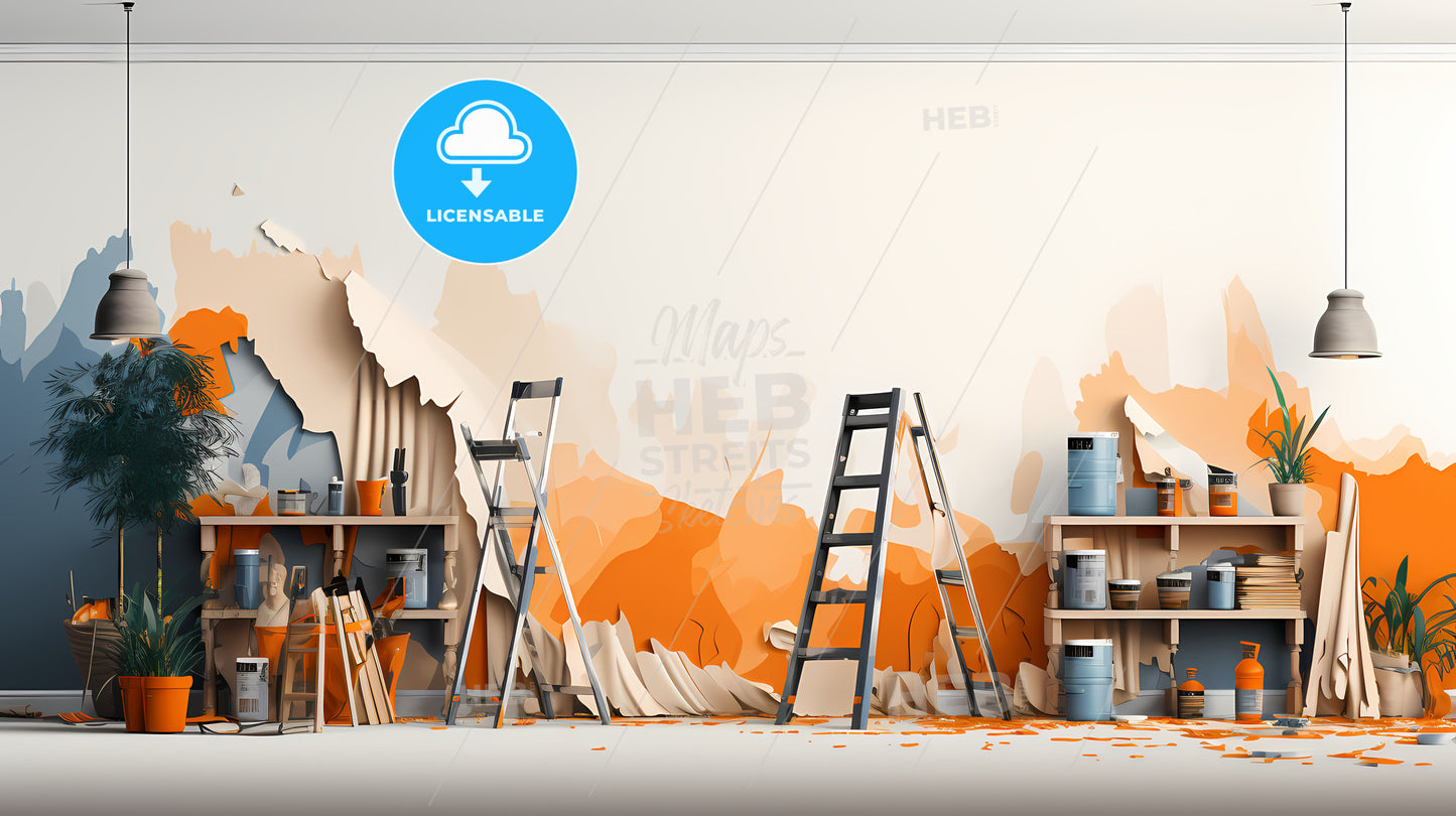 Ladders And Ladders In A Room With Paint On The Wall