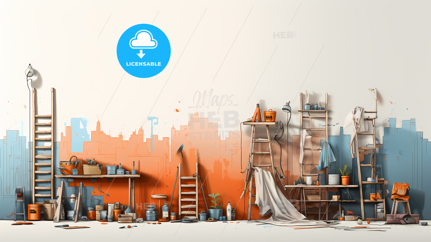 Painting Of A Room With Tools And Shelves