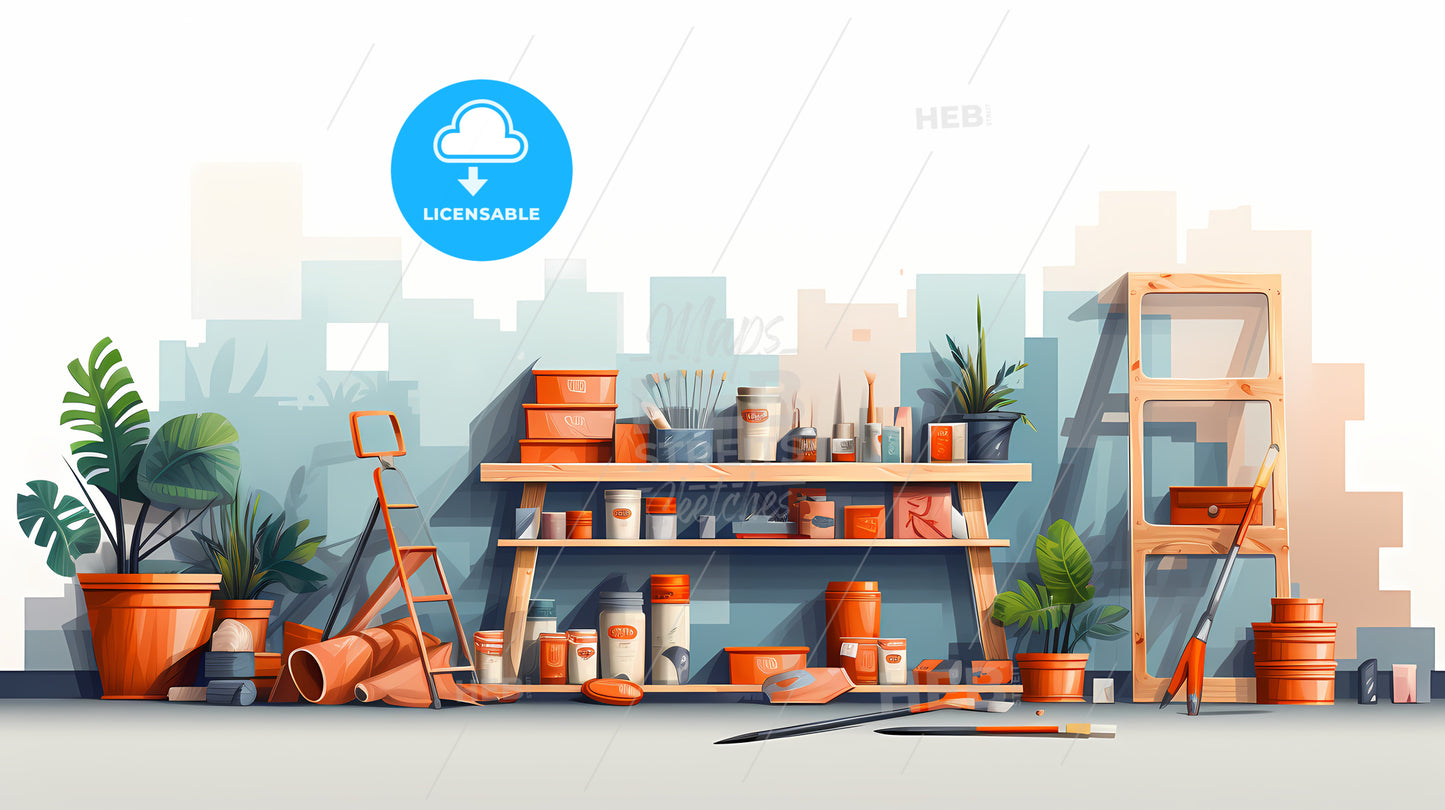 Painting Shelf With Tools And Plants