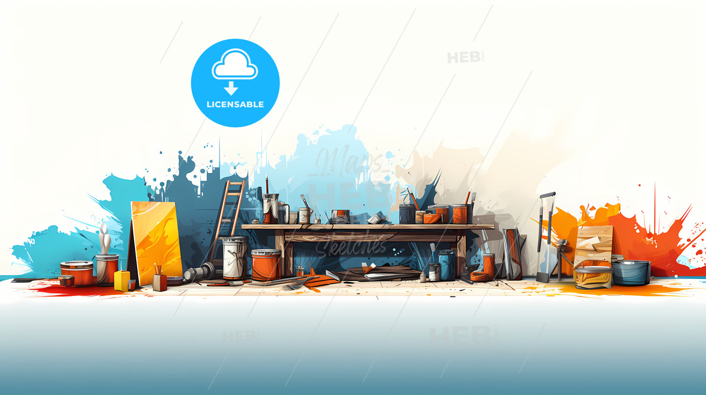 Painting Of A Room With Paint Cans And Paint Cans