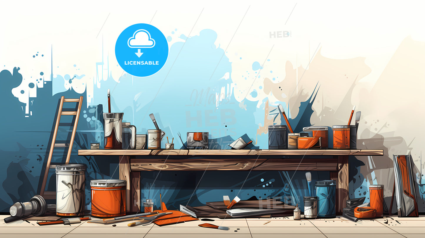 Painting Table With Paint Cans And Paint Brushes