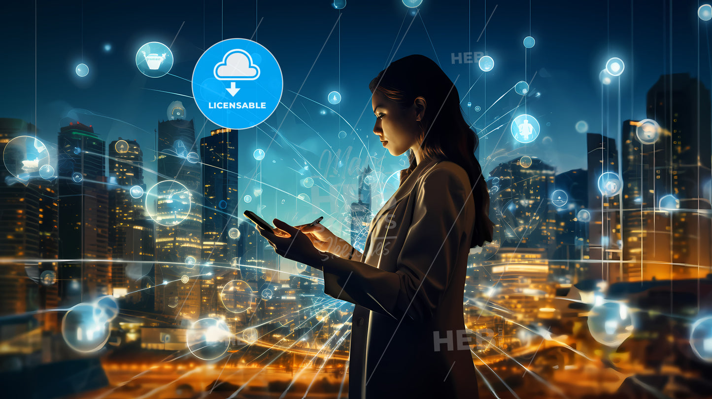 Woman Using A Phone In Front Of A City