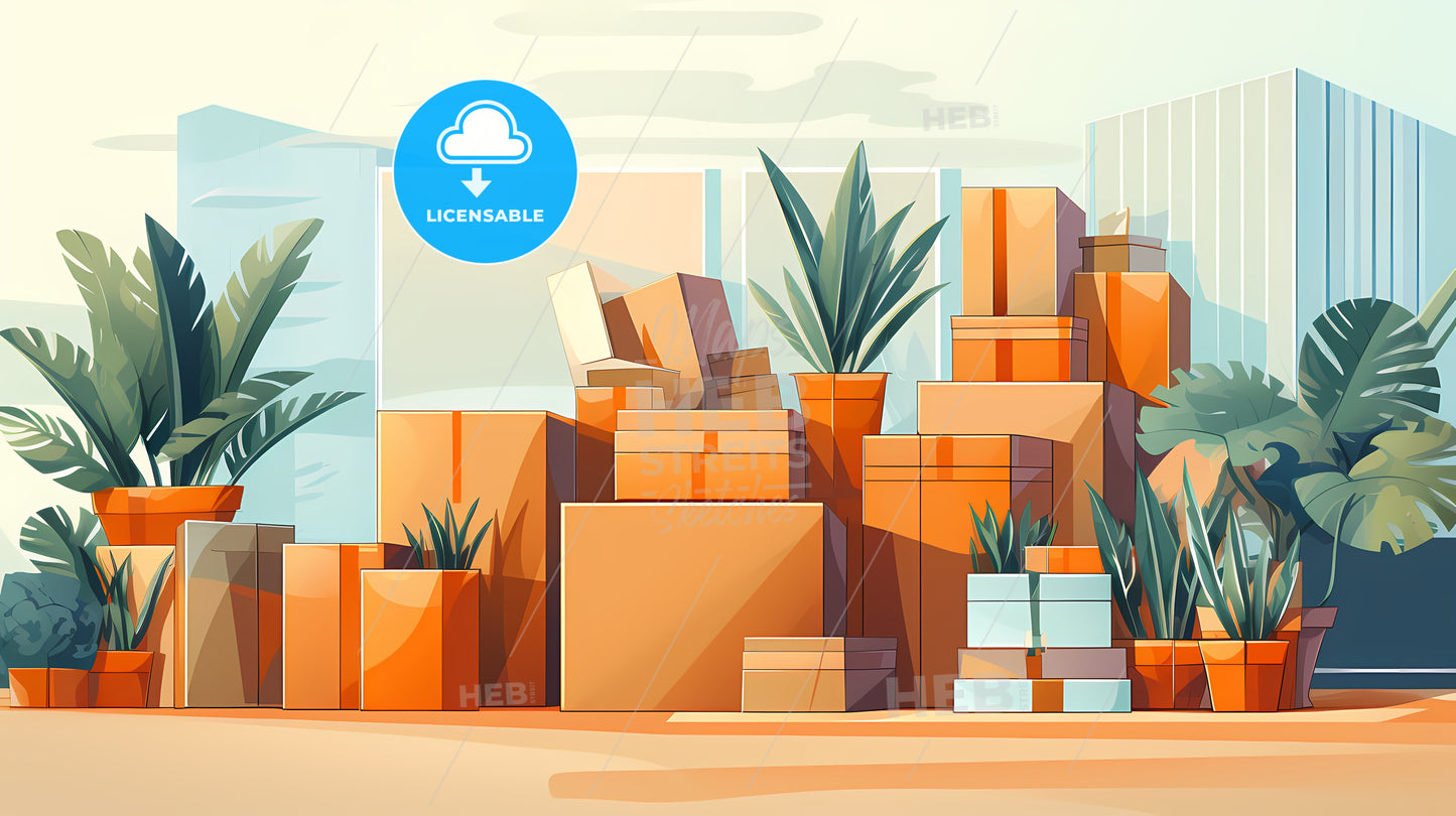 Group Of Boxes And Plants In Pots