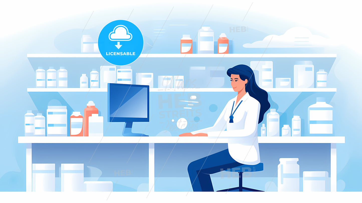 Woman Sitting At A Counter In A Pharmacy