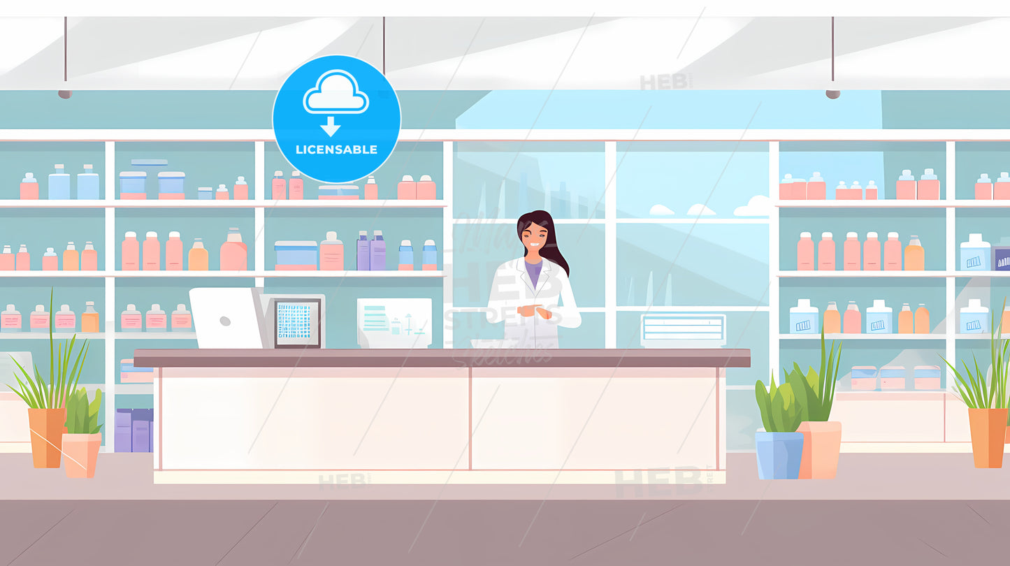 Woman Standing At A Counter In A Pharmacy