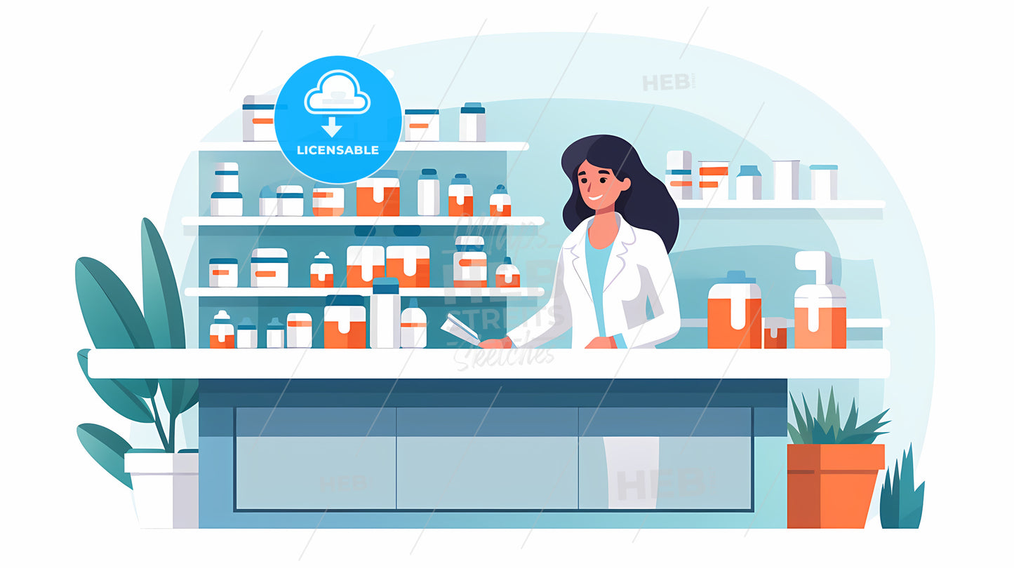 Woman In A White Coat At A Counter