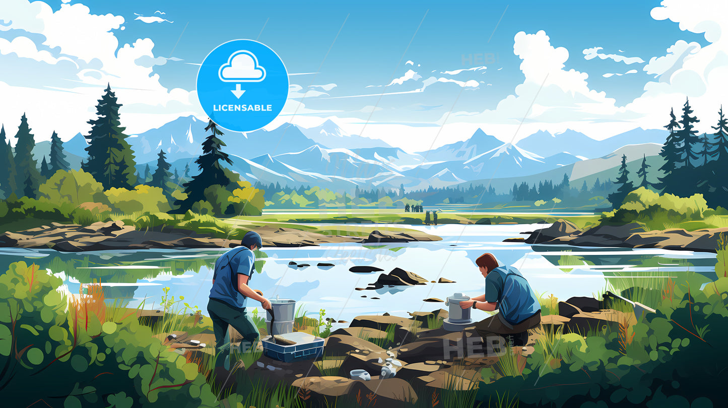 Couple Of Men Working On A River