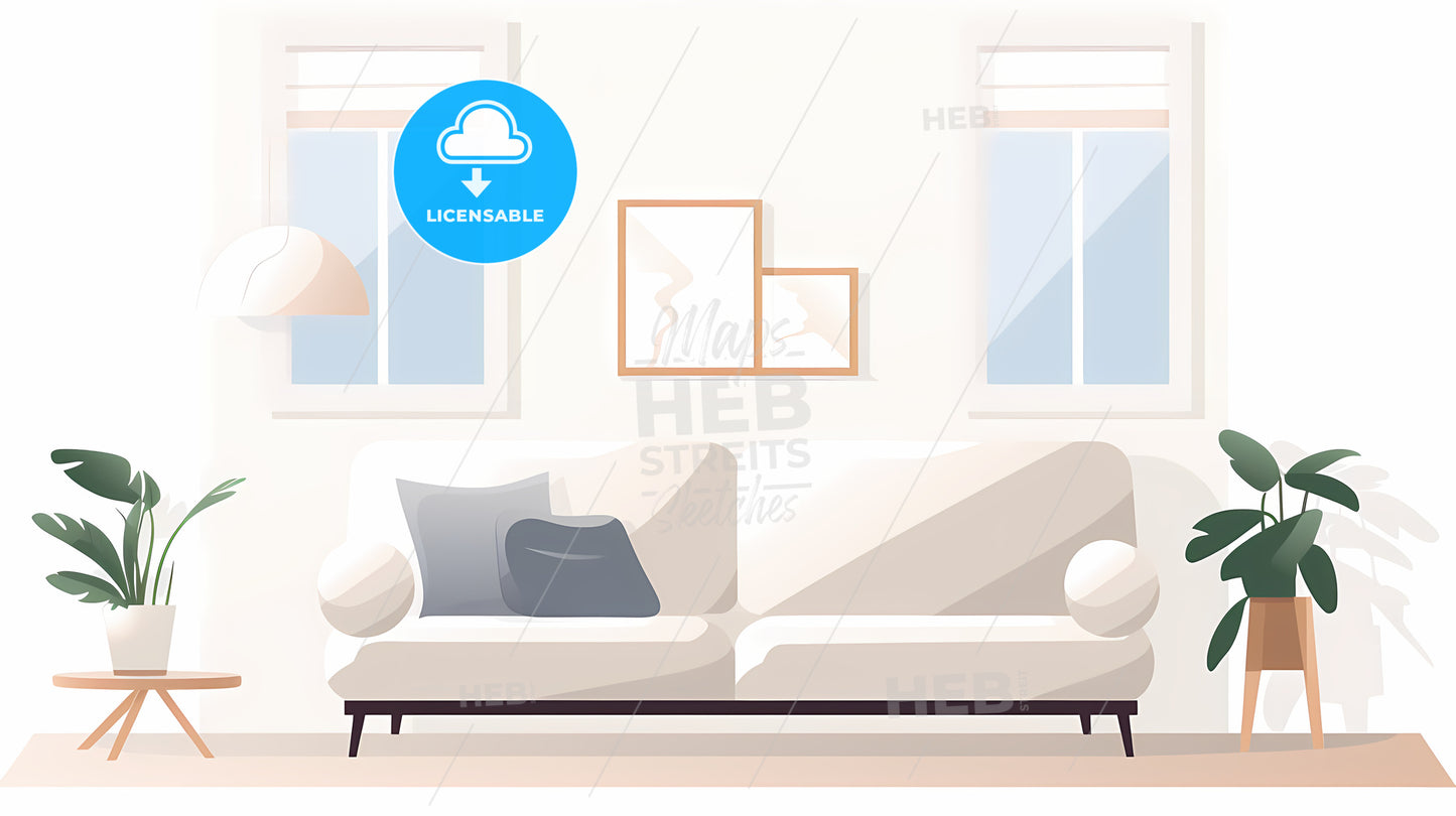 White Couch With Pillows And Two Windows