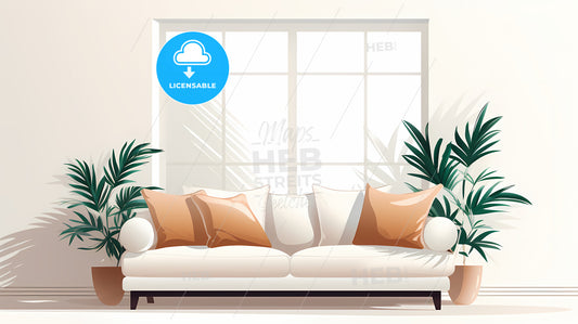 White Couch With Pillows And Plants In Front Of A Window
