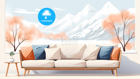 Couch With Pillows In Front Of A Snowy Mountain