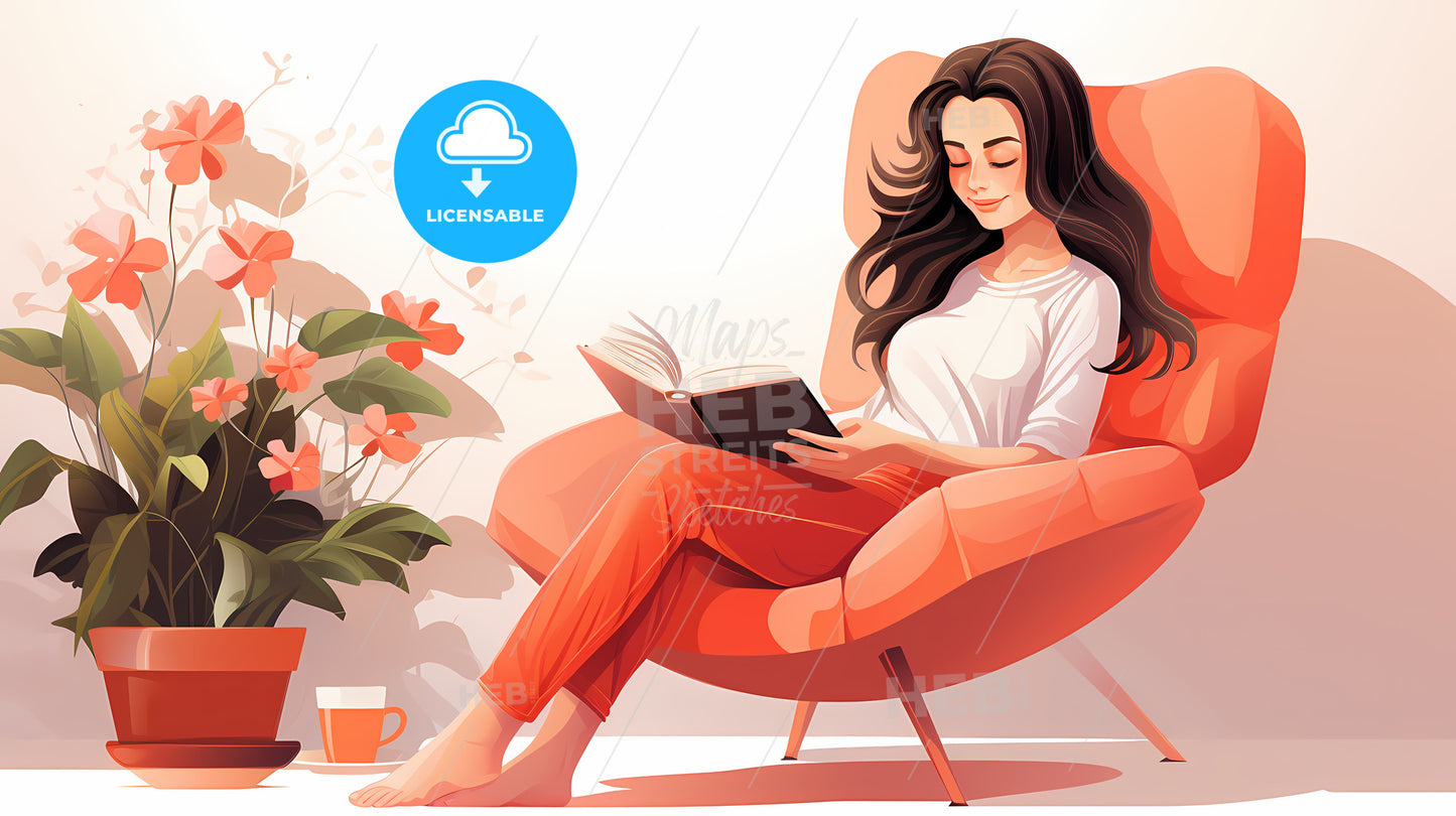 Woman Sitting In An Orange Chair Reading A Book
