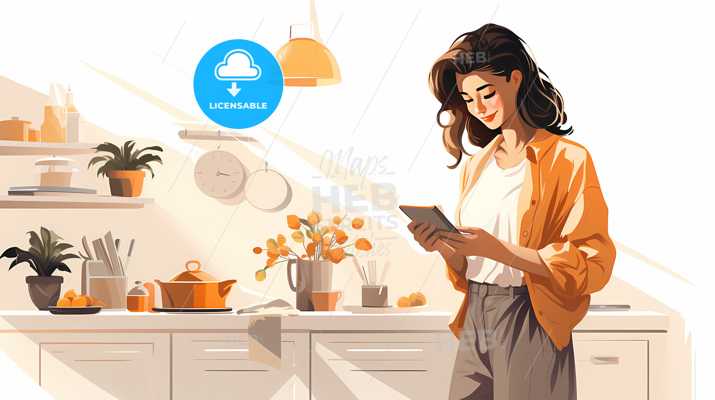 Woman Standing In A Kitchen Using A Tablet