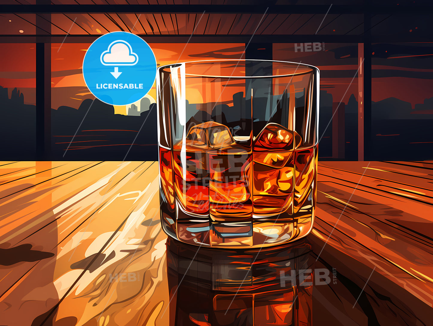 Glass Of Whiskey With Ice On A Table