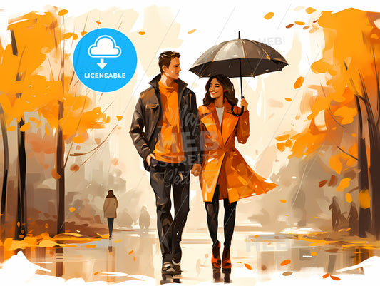 Man And Woman Holding Umbrellas Walking Down A Path With Trees And Leaves