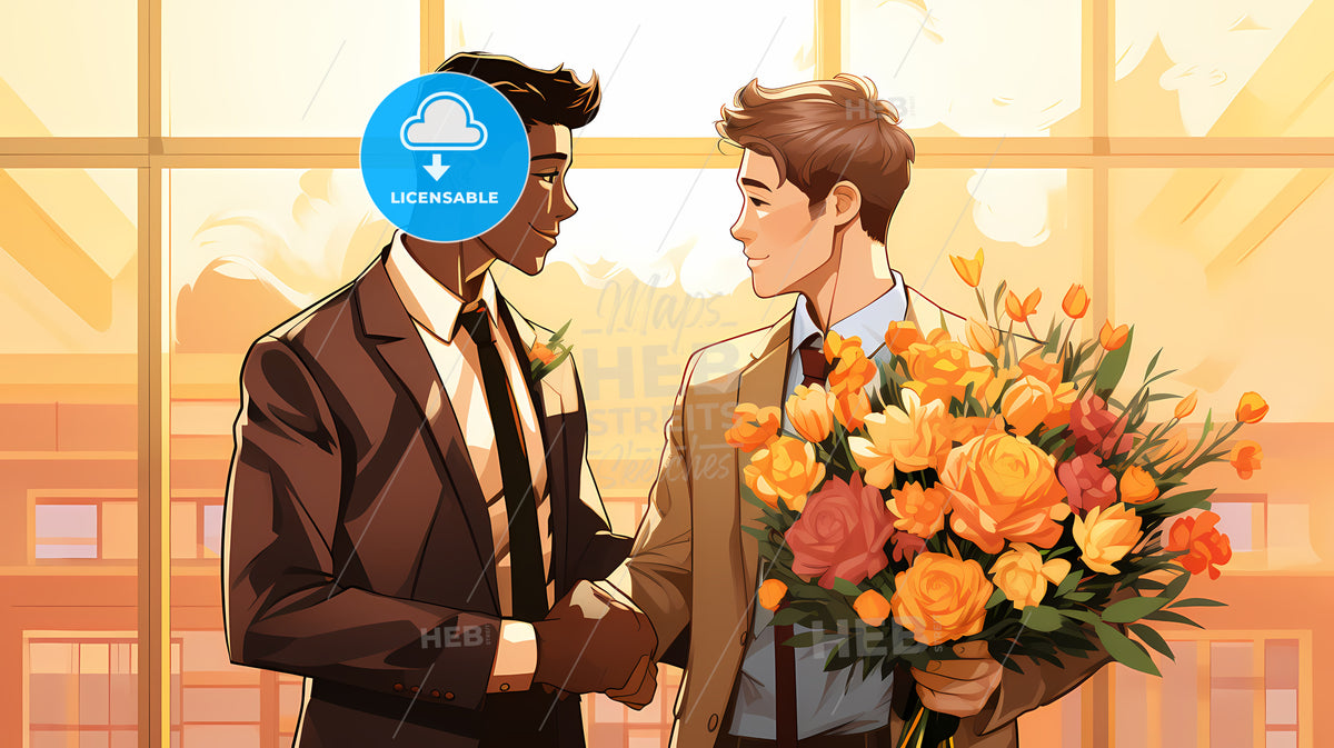 Cartoon Of Two Men Holding Flowers