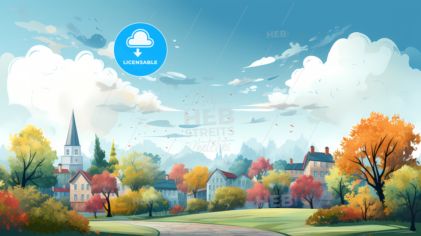 Landscape Of A Neighborhood With Trees And Houses