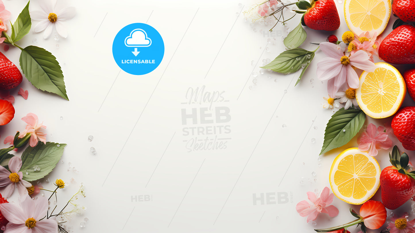 Strawberry And Flowers On A White Surface