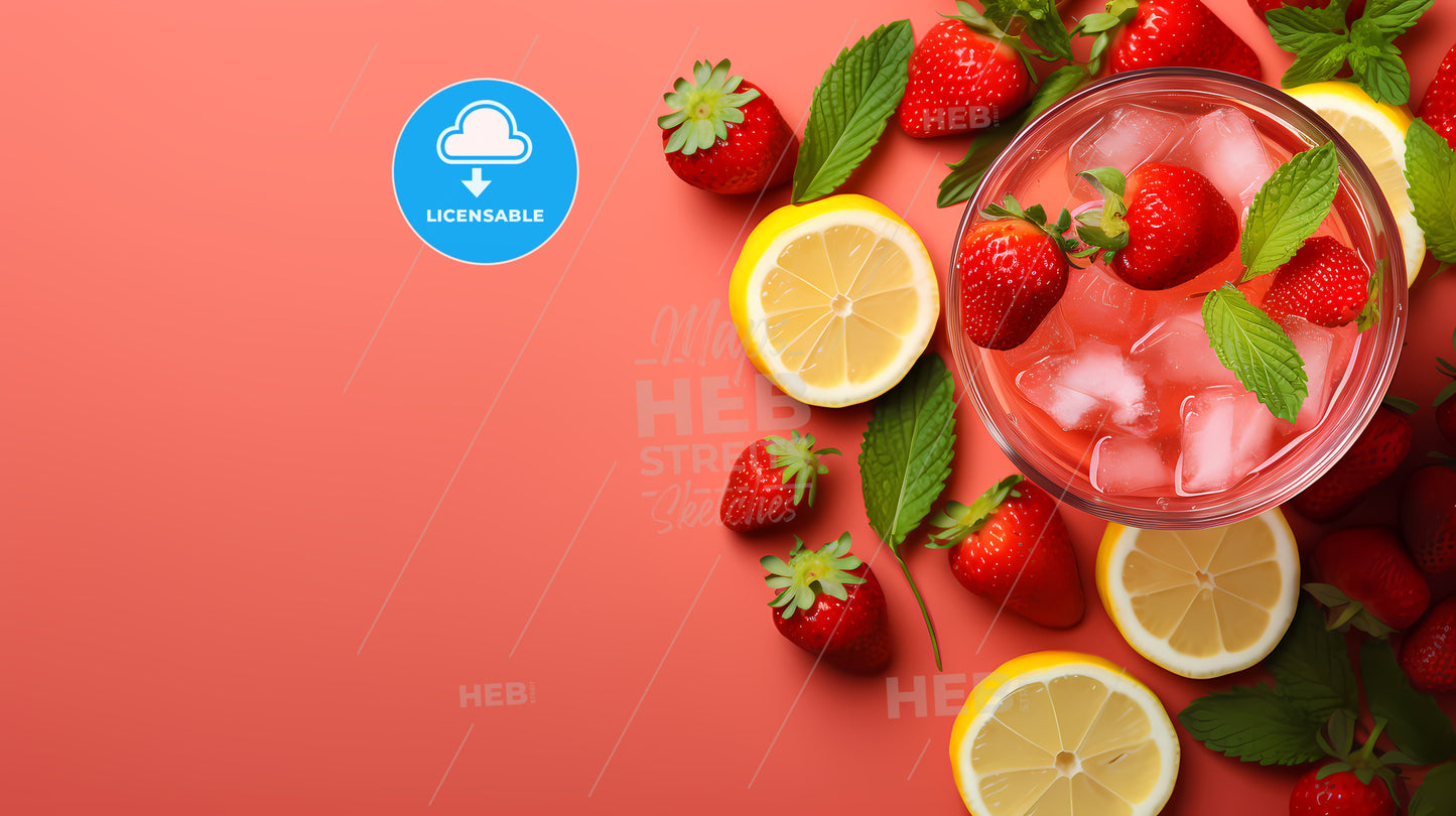 Glass Of Drink With Ice And Strawberries And Lemons