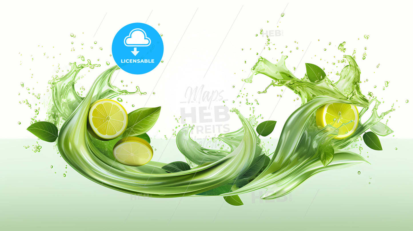 Green Liquid Splash With Fruit Slices And Leaves
