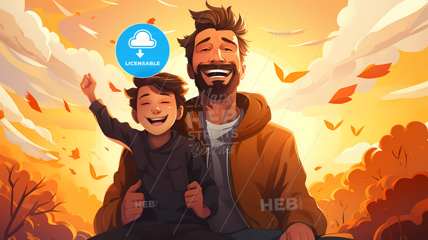 Man And Child Smiling And Sitting On A Bench