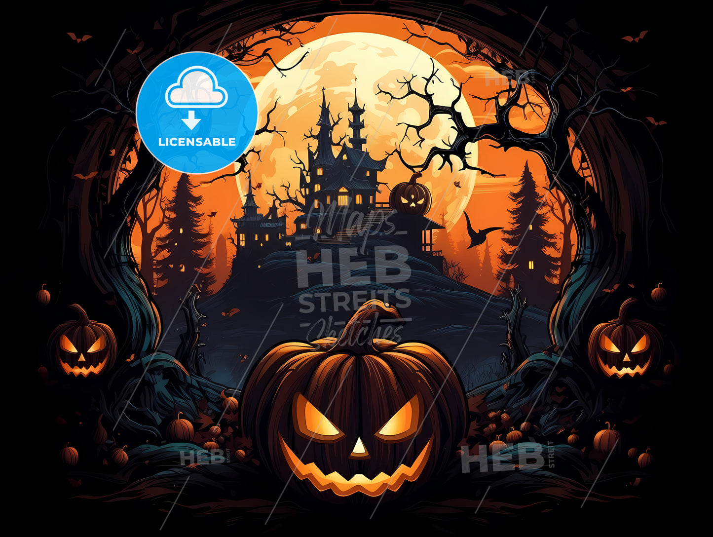 Pumpkins And A Castle In A Dark Forest