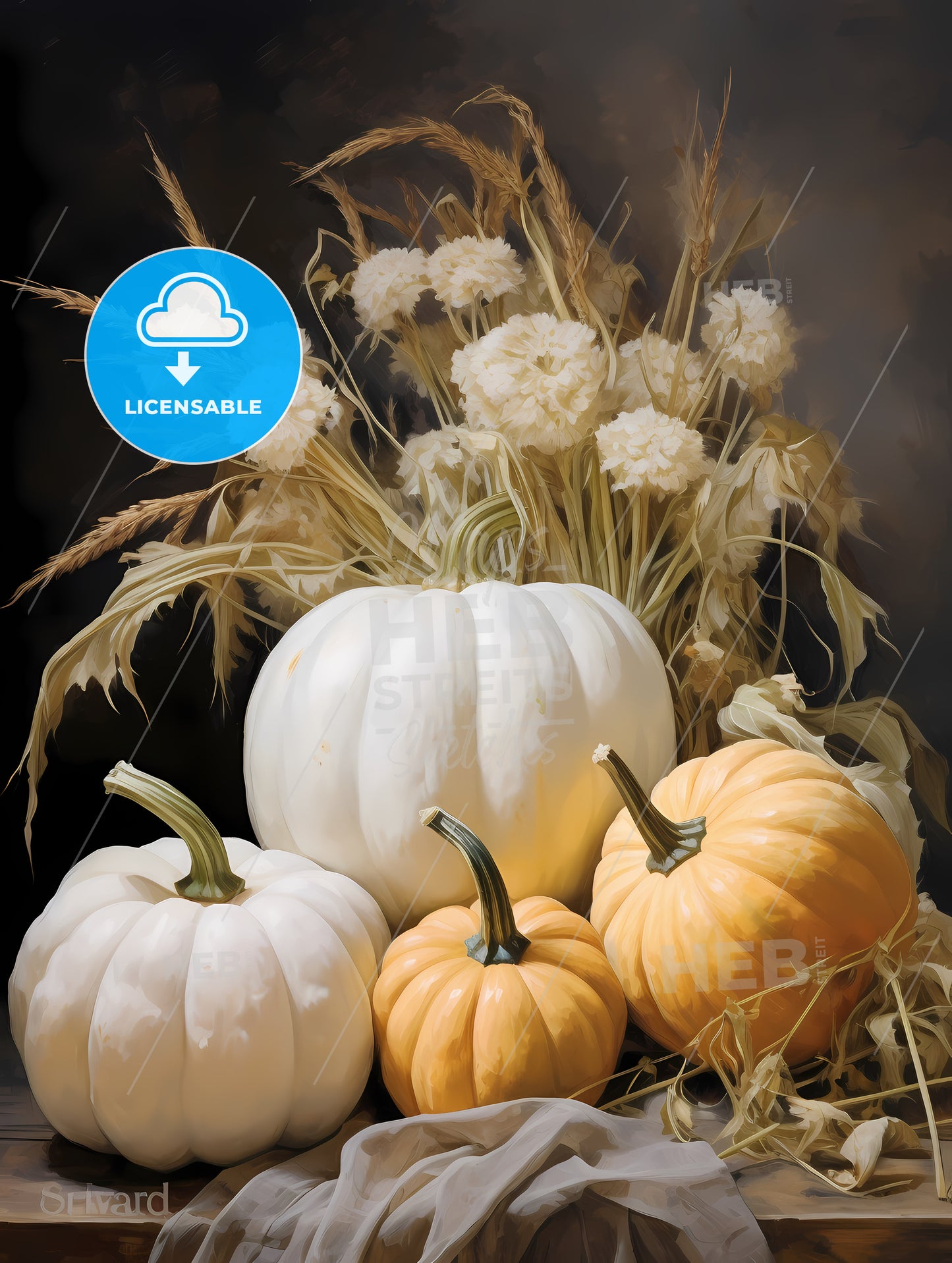 Group Of Pumpkins And Flowers