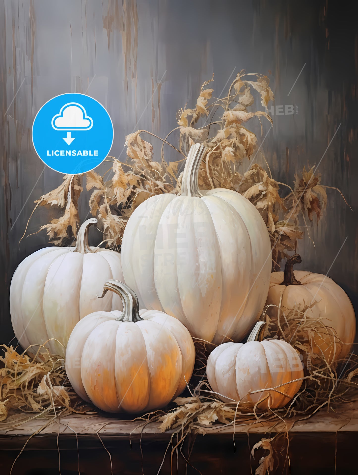 Group Of White Pumpkins With Dried Leaves