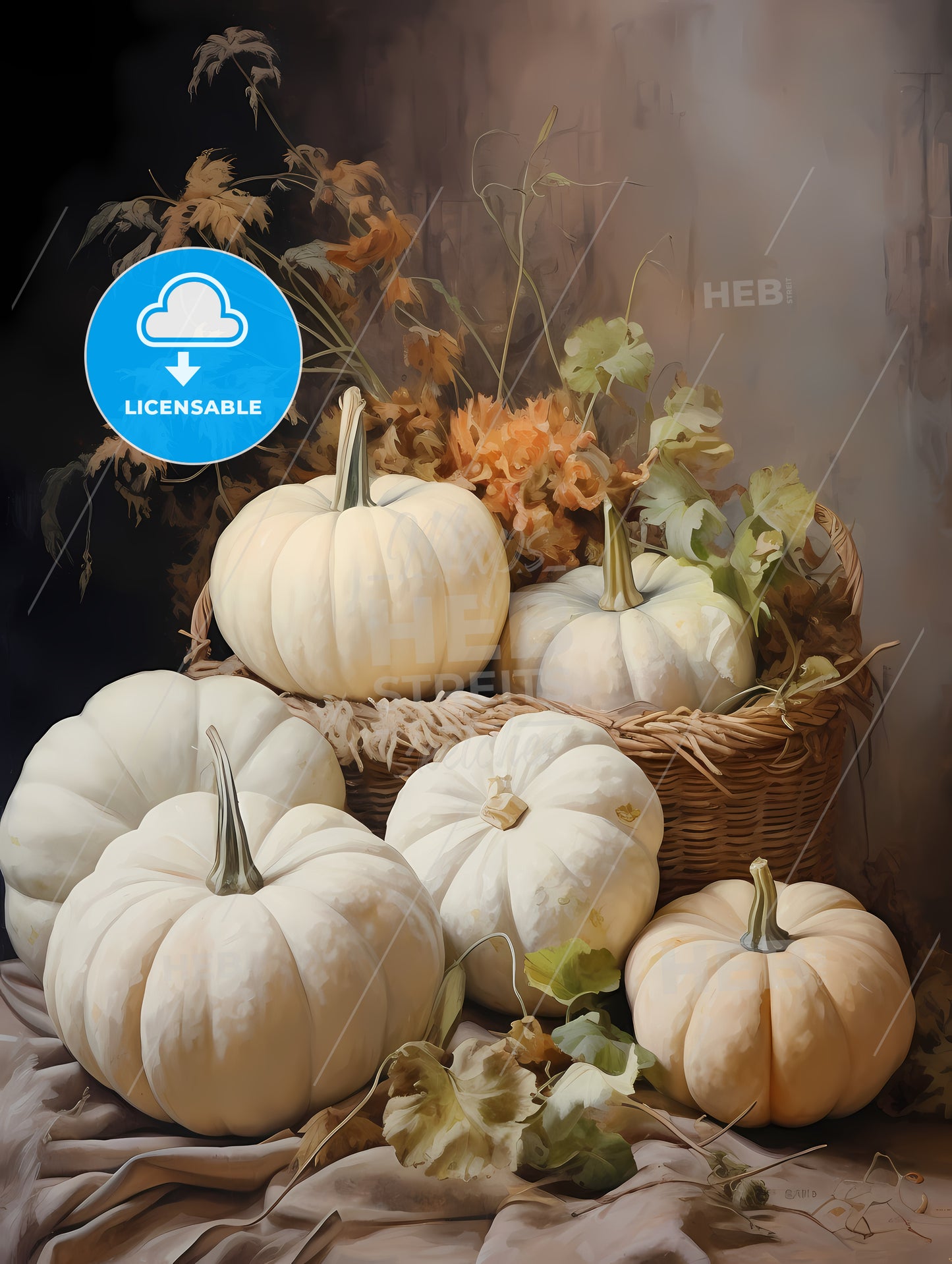 Group Of White Pumpkins In A Basket