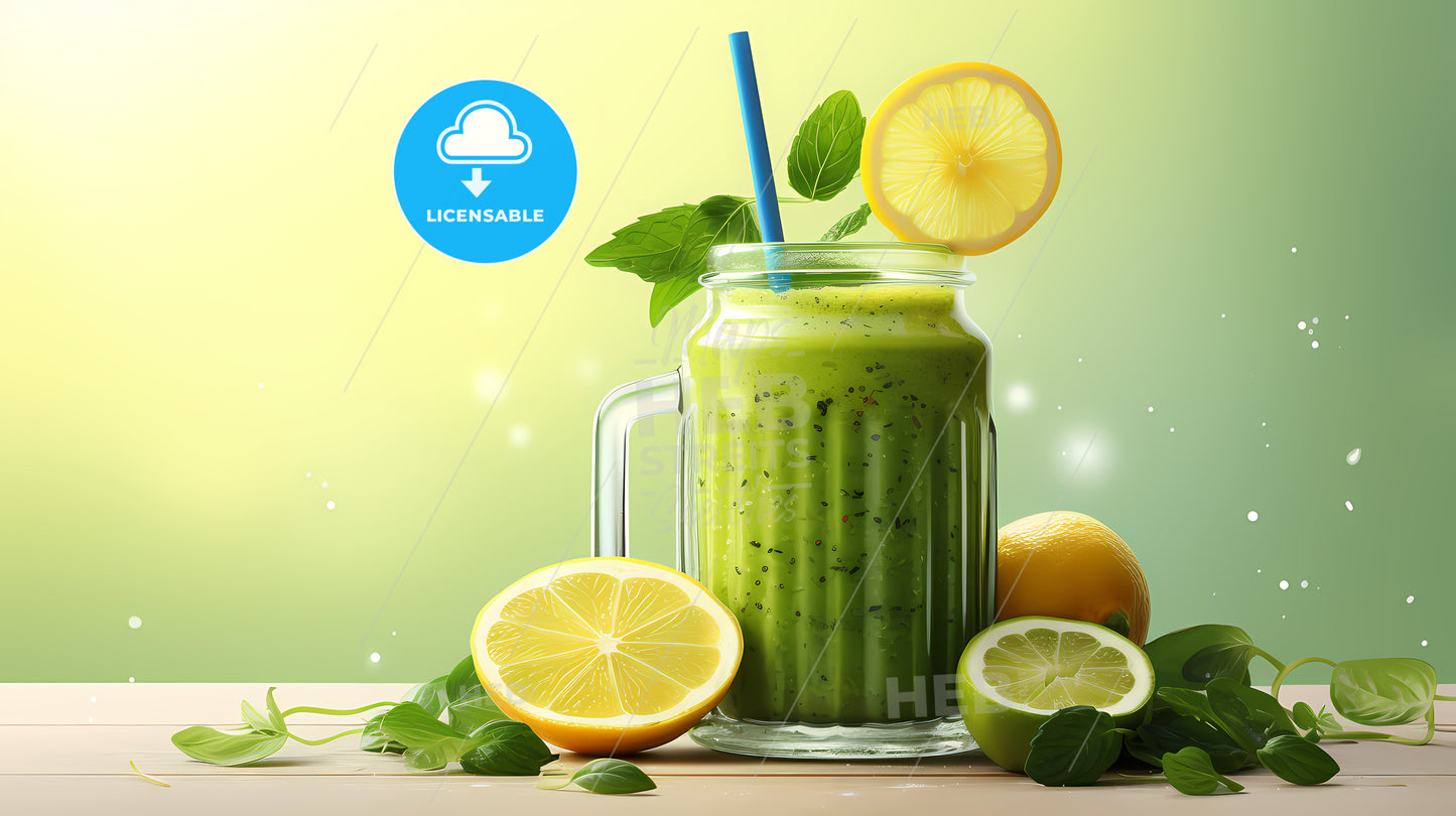 Green Smoothie In A Glass Jar With A Straw And Lemons
