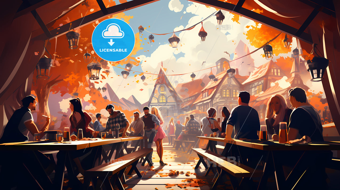 Group Of People Sitting At Tables In A Village