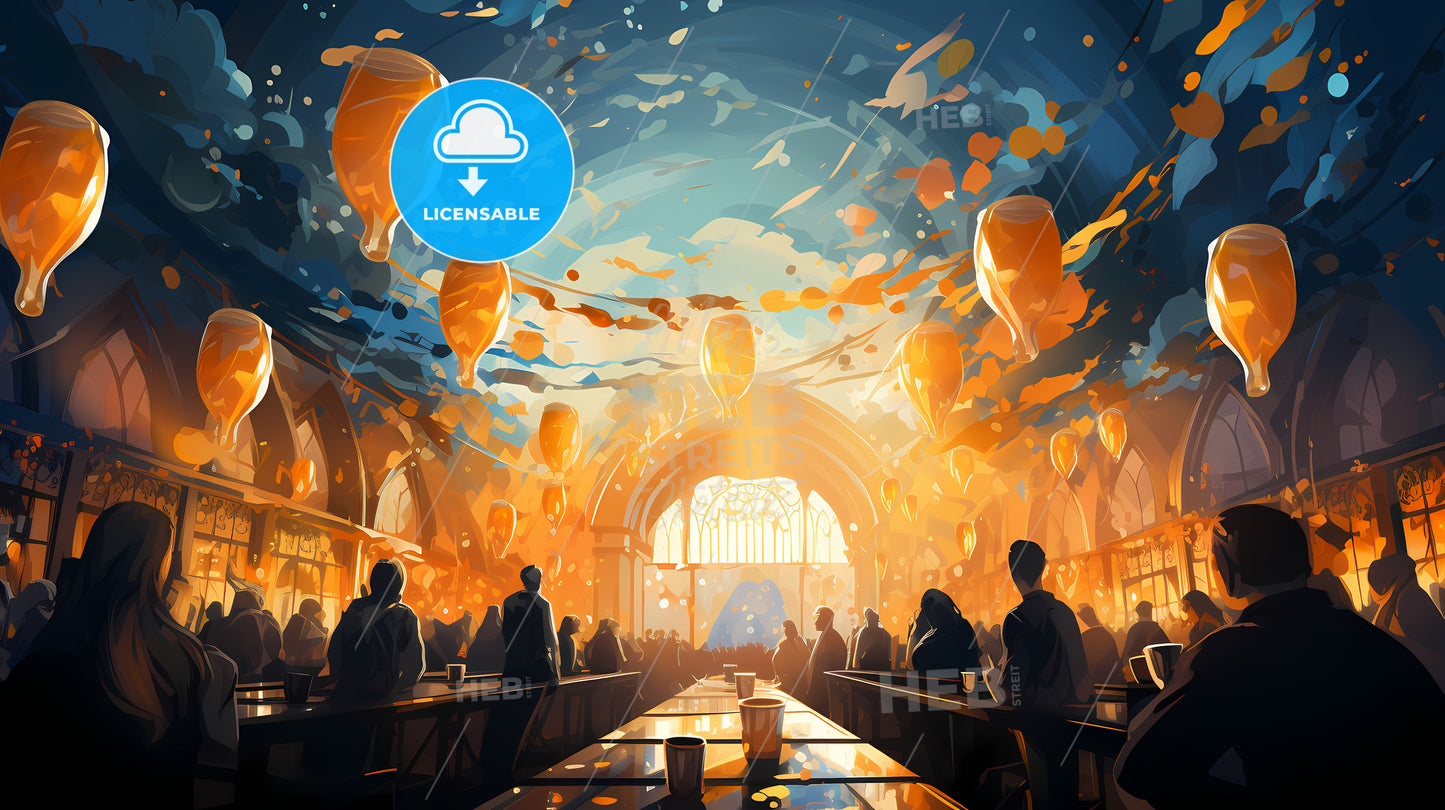 Group Of People Sitting At Tables In A Room With Balloons