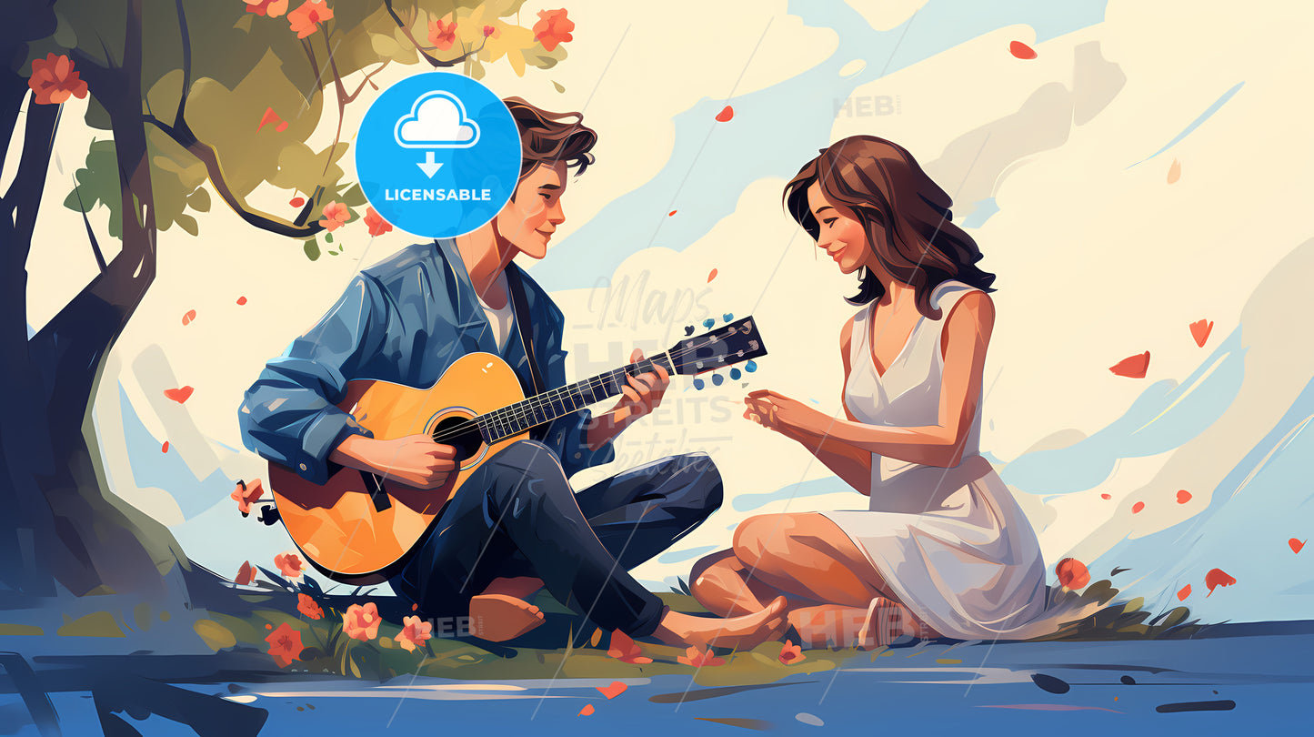 Man And Woman Sitting On The Ground Playing Guitar