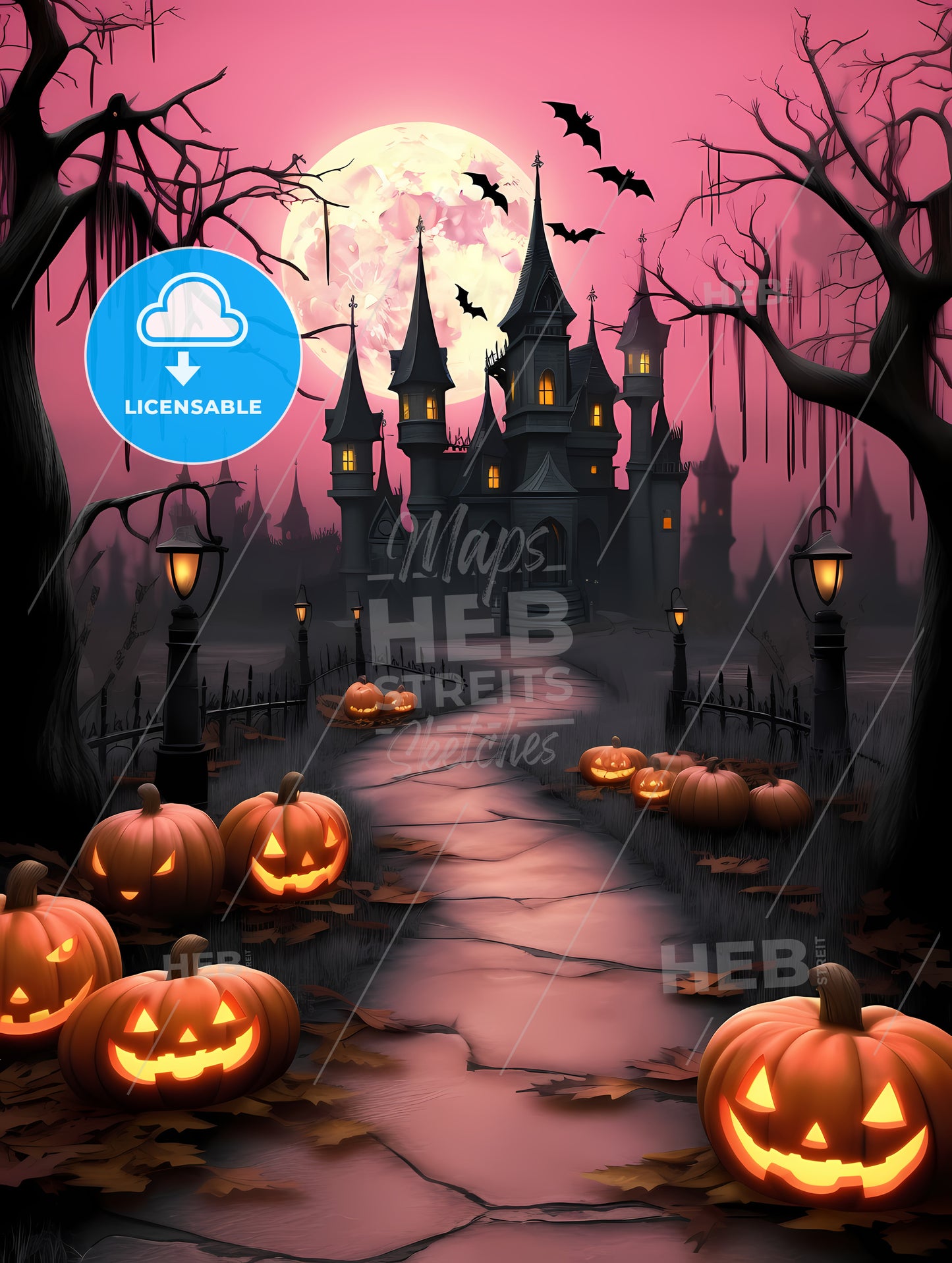 Castle With Pumpkins And A Pink Moon
