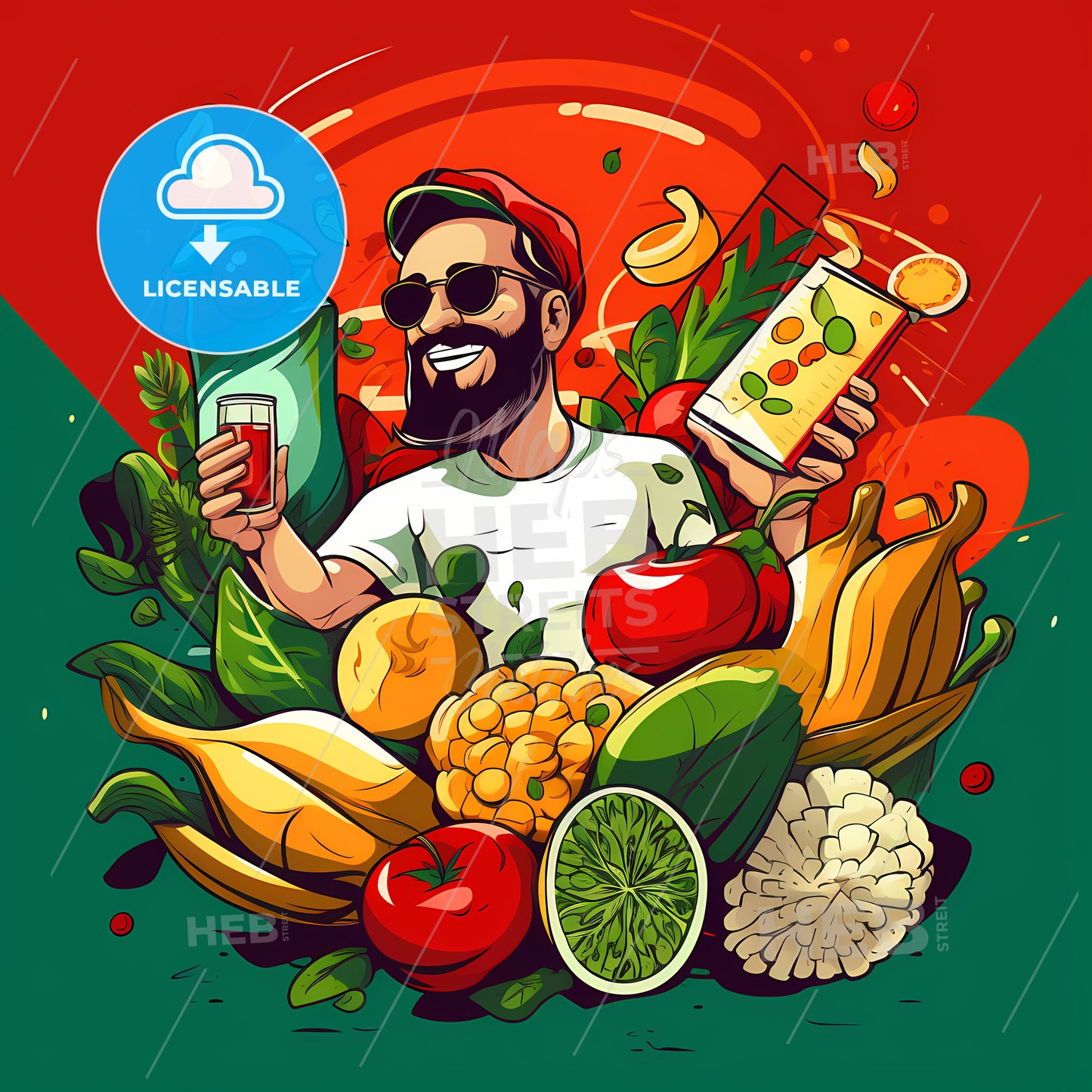 Man Holding A Juice And A Variety Of Fruits